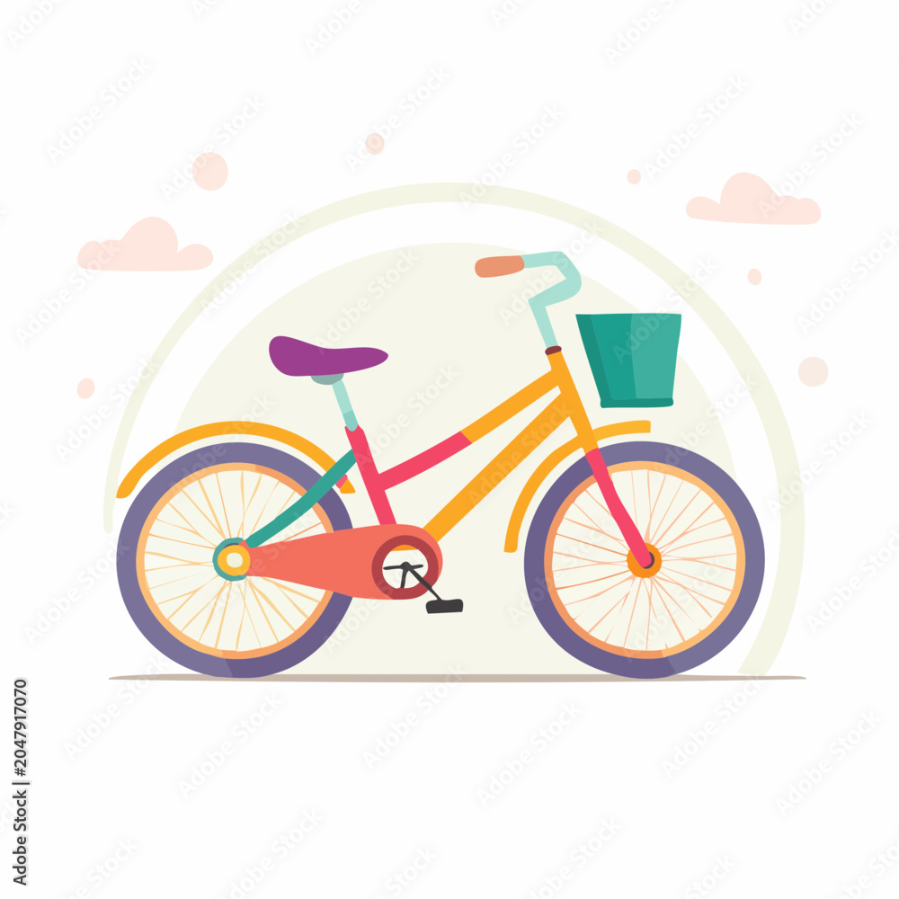 Fototapeta premium Colorful flat design bicycle with basket and clouds