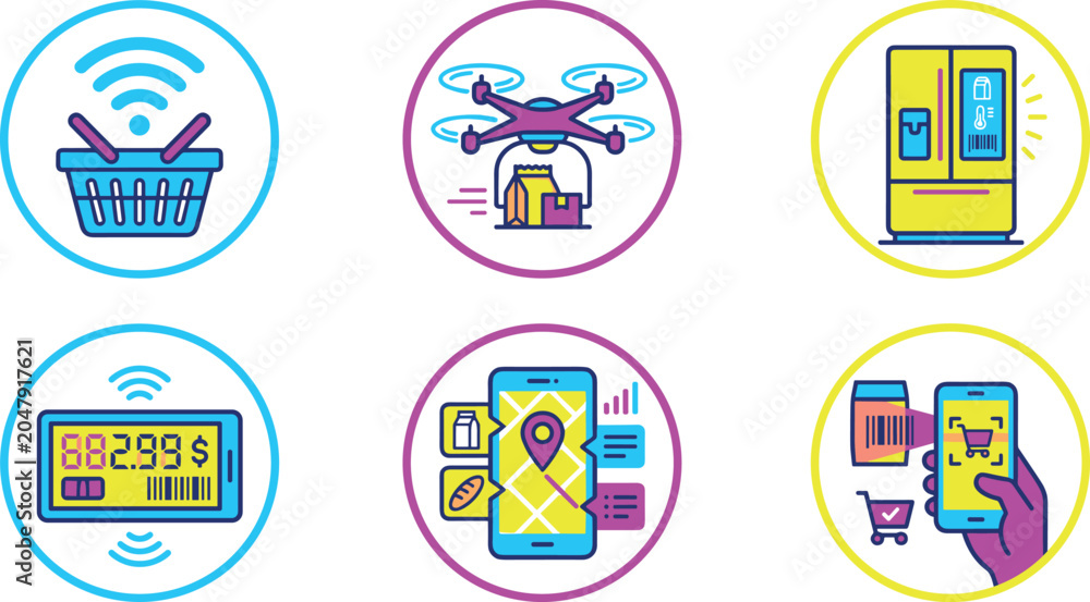 Fototapeta premium Smart Shopping and Future Retail Icon Set with Drone Delivery, Digital Price Tag, Mobile Tracking, and Automated Grocery Symbols