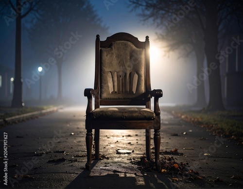 Abandoned wooden chair on foggy street at night creating eerie and mysterious atmosphere
