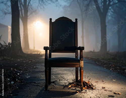 Abandoned wooden chair on foggy street at night creating eerie and mysterious atmosphere