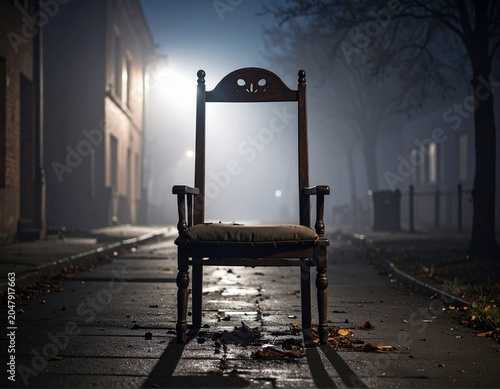 Abandoned wooden chair on foggy street at night creating eerie and mysterious atmosphere
