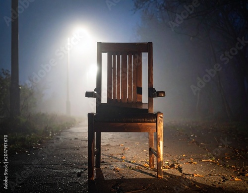 Abandoned wooden chair on foggy street at night creating eerie and mysterious atmosphere