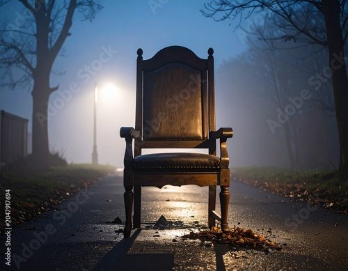 Abandoned wooden chair on foggy street at night creating eerie and mysterious atmosphere