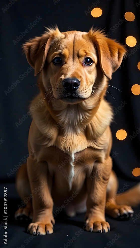 Fototapeta premium Dog sits in front of dark background with lights during evening photo session in home setting
