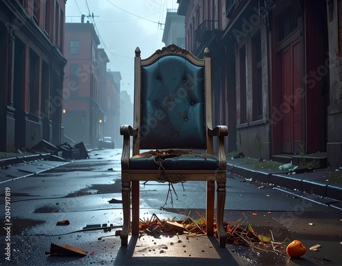 Abandoned wooden chair on foggy street at night creating eerie and mysterious atmosphere