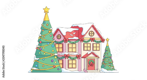 Charming Christmas House Decorated with Festive Trees and Snow.