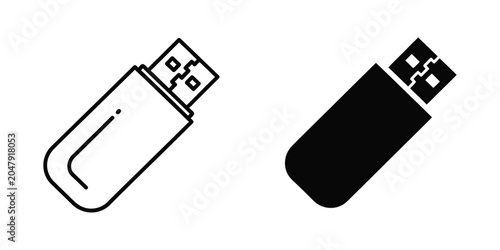 Fotografie USB flash drive icon in outline and solid black styles for digital data storage
