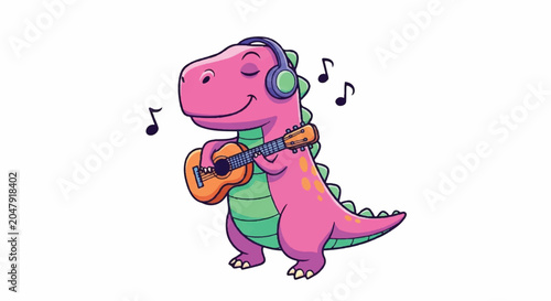 Cute Pink Dinosaur Playing Guitar and Wearing Headphones.