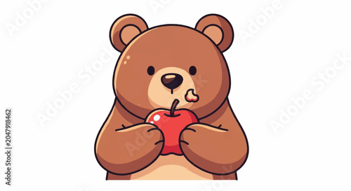 Cute cartoon bear eating a red apple illustration.