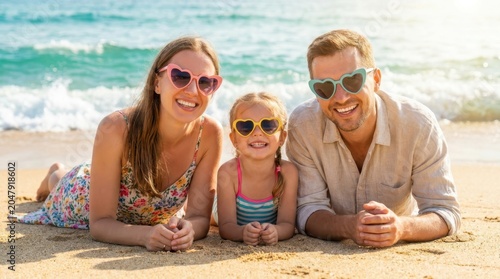 Happy family with heart-shaped sunglasses enjoying a sunny day at the beach