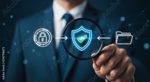 Corporate data protection cybersecurity audit businessman network safety privacy shield cloud scan