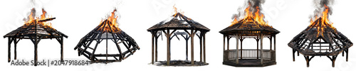 Foto Set of Five Wooden Gazebos Engulfed in Flames Isolated on White Background, Conc