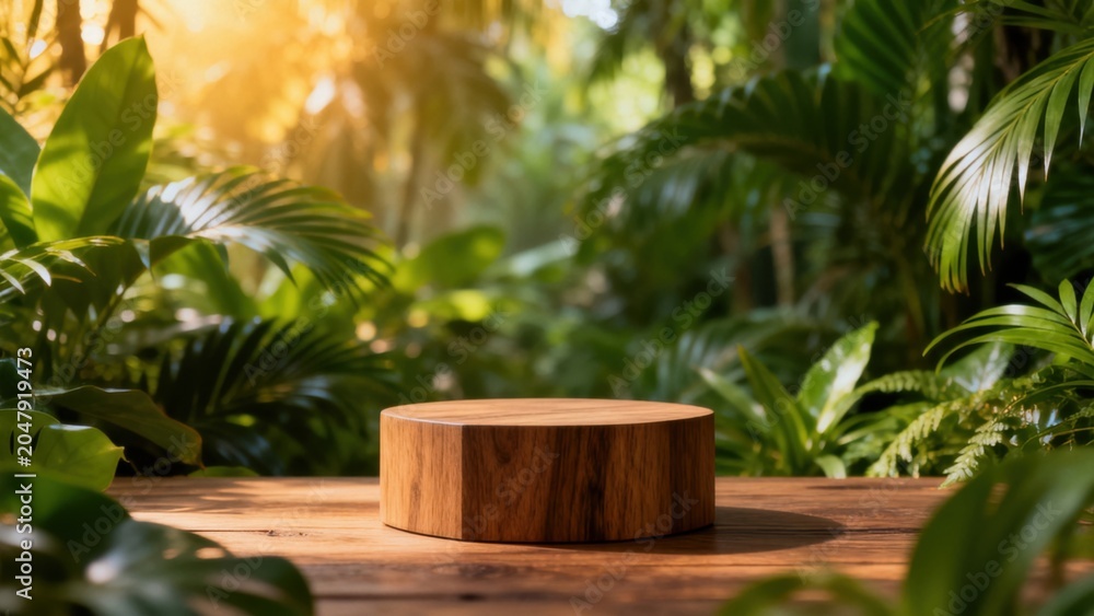 Obraz premium Wooden pedestal in lush green jungle