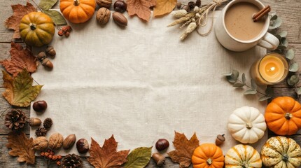 Cozy autumn harvest arrangement with pumpkins, nuts, leaves, and warm drink