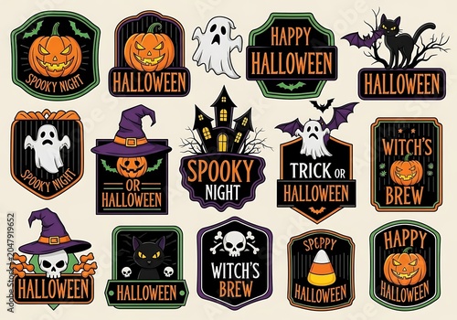 Halloween party decorations with spooky and witchy elements on dark background