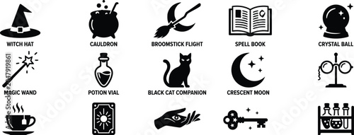 Bild auf Leinwand Witchcraft and Magic Occult Halloween Silhouette Vector Icon Set