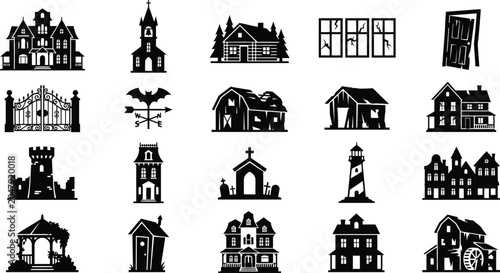 Abandoned and Haunted Buildings Silhouette Vector Icon Set