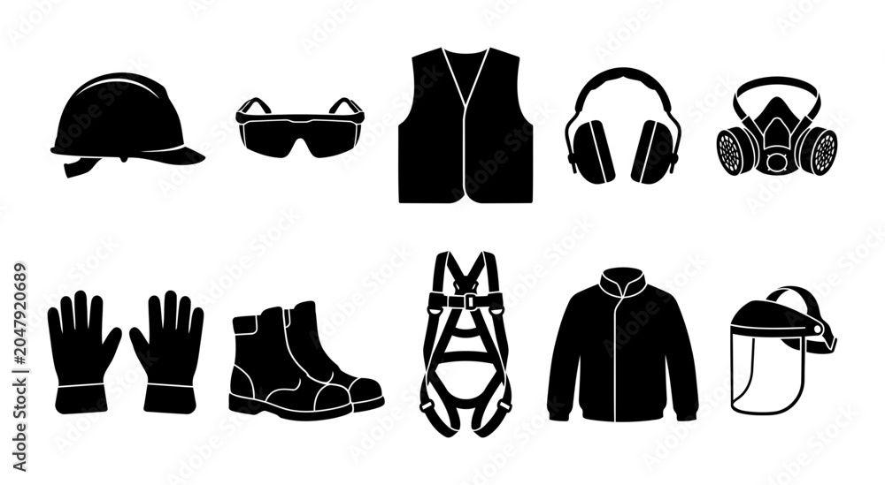 Naklejka premium Collection of safety equipment silhouettes featuring hard hat safety glasses vest earmuffs respirator gloves boots harness jacket and face shield