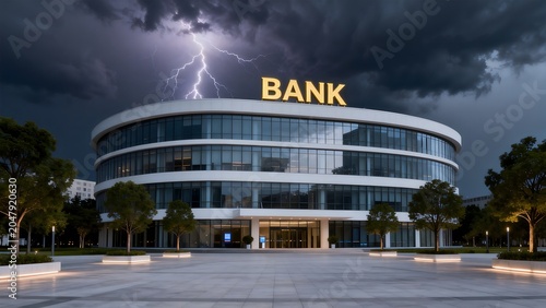 Modern bank building under stormy sky