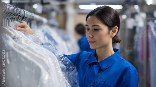 Diligent young woman in blue uniform works at a bustling dry cleaner or laundry facility, organize clean clothing on racks, professional atmosphere
