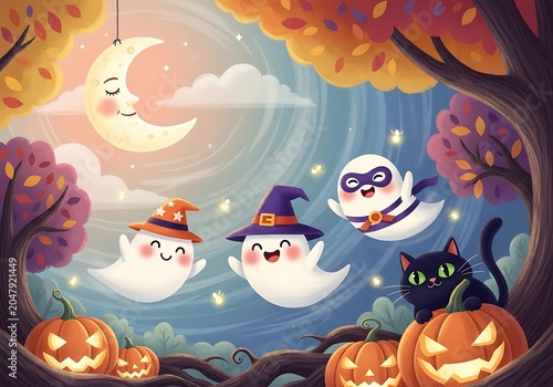 Cute Cartoon Ghosts and Pumpkins Celebrating Halloween Night Under Moonlight