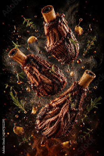 Levitating Lamb Majesty - Floating braised lamb shank cascade with dramatic gourmet culinary styling