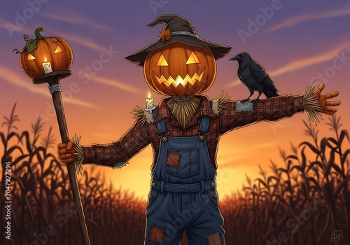 Scarecrow with Jack-o'-Lanterns in Autumn Cornfield at Sunset with Crow