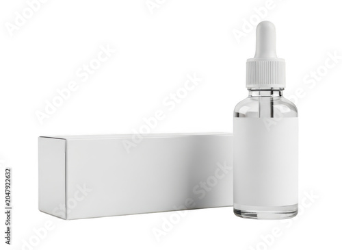 Minimalist white dropper bottle and box on clean background for skincare or medical use