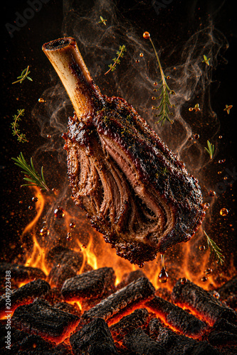 Levitating Lamb Majesty - Floating braised lamb shank above glowing embers in luxury gourmet composition