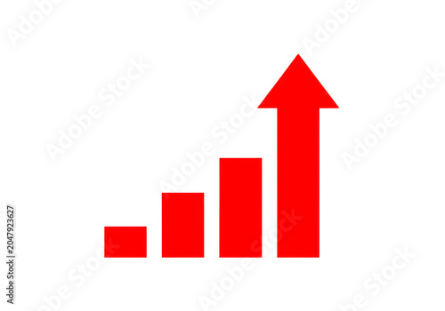 Increasing upward trend bar graph with red arrows isolated on transparent background