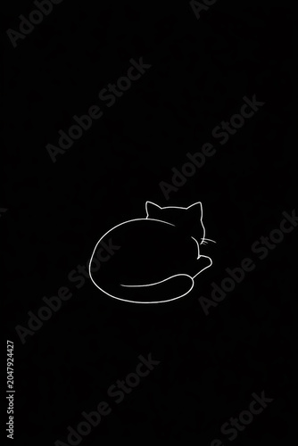 Minimalist line drawing of a black cat lying down from behind, shown in a new angle on a solid black background. The simple white outline contrasts against the darkness, creating a sleek and modern de