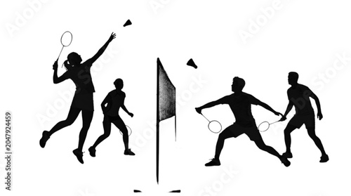 Badminton players in action on a court
