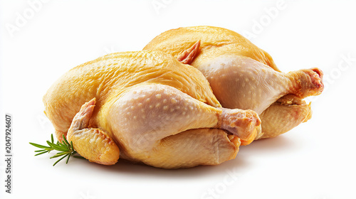 Two raw whole chickens with rosemary isolated on white background