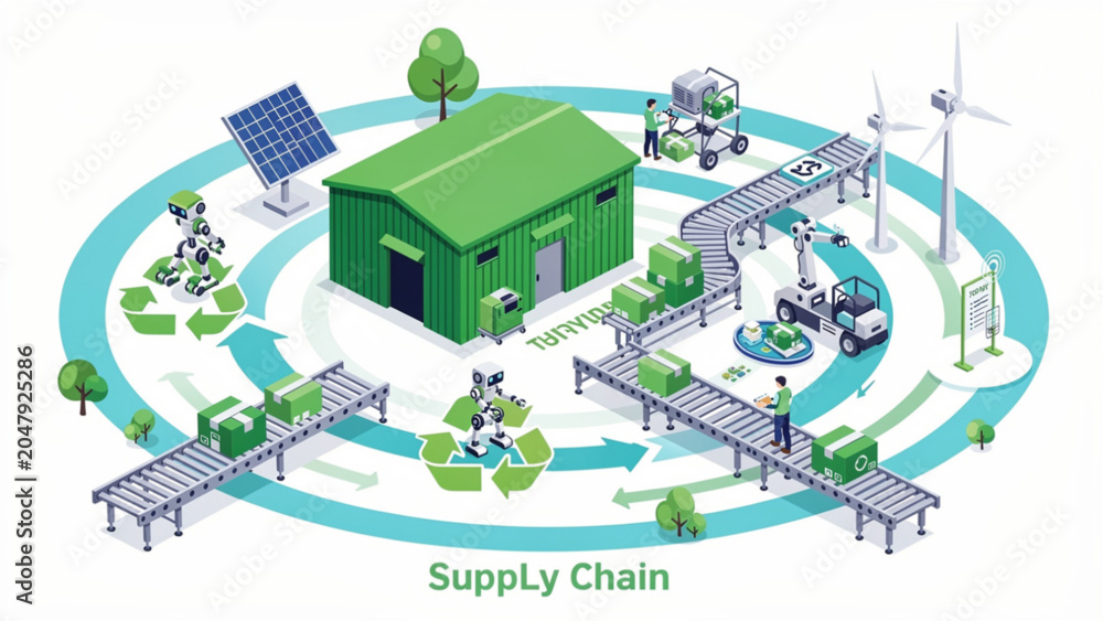 Naklejka premium Eco-Friendly Green Supply Chain Concept with Renewable Energy and Sustainable Logistics