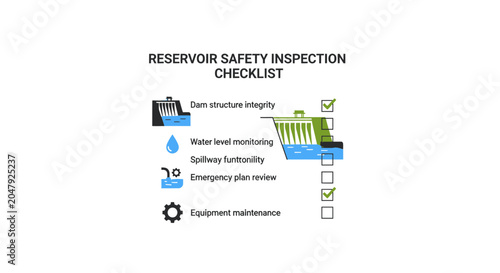 Obraz na płótnie Reservoir Safety Inspection Checklist: Dam Integrity, Water Level, Spillway, Eme