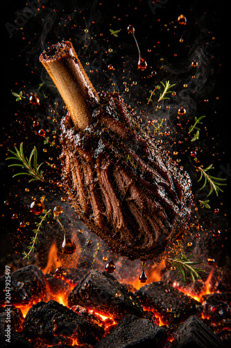 Levitating Lamb Majesty - Explosive floating lamb shank above glowing embers in cinematic gourmet composition