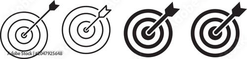 Photos Target Collection: A set of four distinct target icons, each featuring an arrow precisely hitting the bullseye, symbolizing precision, focus, and successful goal achievement