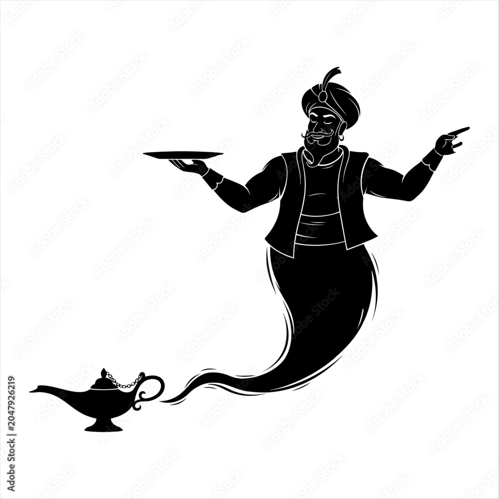 Obraz premium Silhouette of genie emerging from lamp in fantasy setting