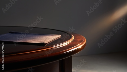 A solitary document rests on a polished wooden table under a dramatic beam of light.