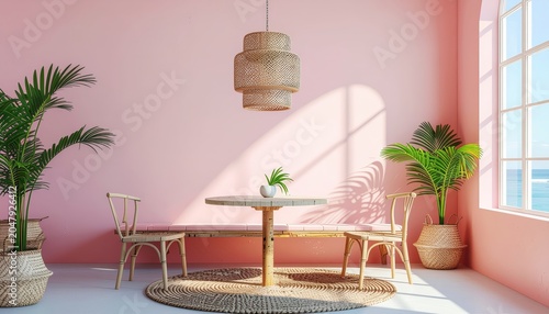 Tranquil Interior Scene with Pink Walls and Natural Woven Accents in Coastal Setting