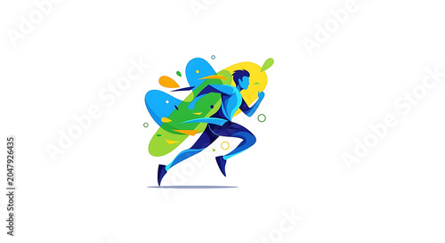 Blue and green cartoon bird character in mid-flight, wings spread wide, with orange beak and feet