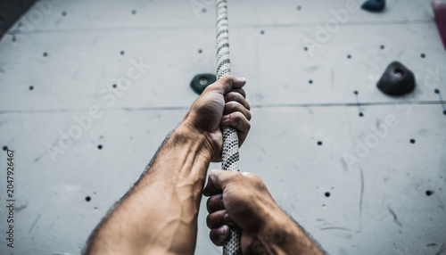 Close-up of hands gripping a rope while climbing an indoor wall.