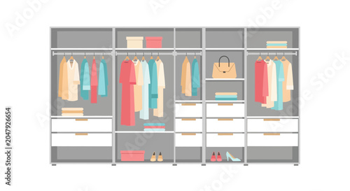 Modern Walk-in Closet with Clothes and Accessories - Organized Wardrobe