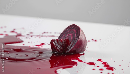 Dramatic Beetroot Slice with Crimson Juice on White Surface.