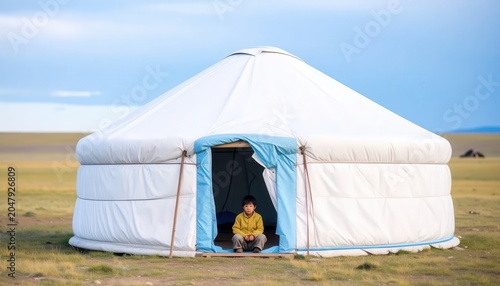 A young child sits in the doorway of a traditional Mongolian yurt on a vast, grassy plain under a cloudy sky.