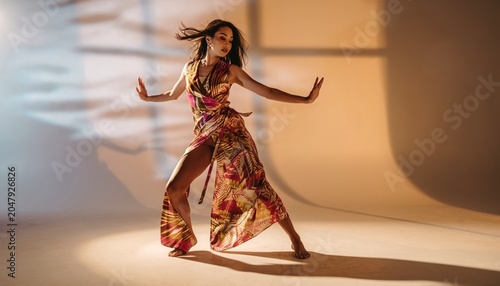 Graceful Dancer in Flowing Dress Performing with Elegance.