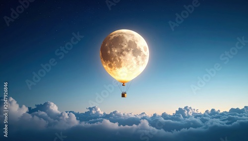 Surreal Hot Air Balloon Ascends Towards a Giant Moon Above Clouds.