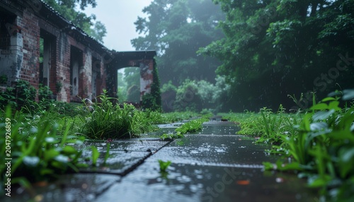Rain-soaked pathway leads to an old abandoned building in a forest.