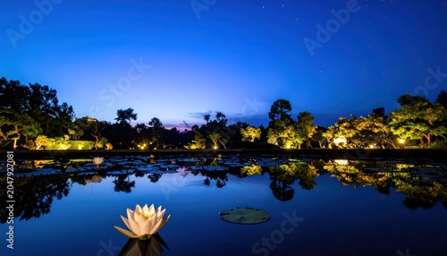 Tranquil Water Lily Illuminated at Dusk in Serene Garden Pond.
