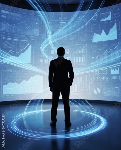 Silhouette of a businessman analyzing complex financial data screens